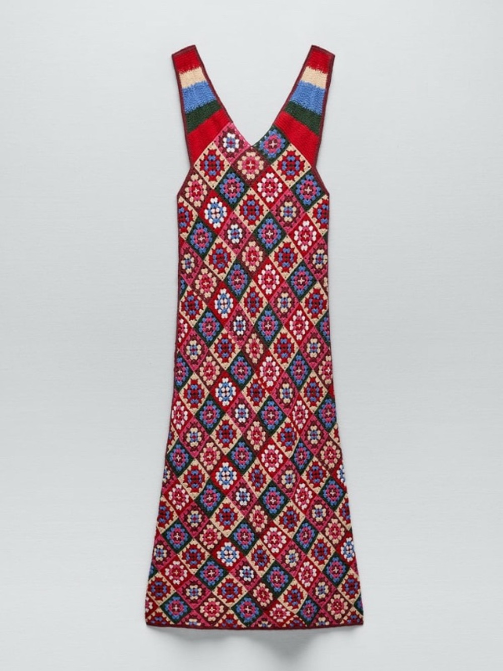 ZARA Patchwork Crochet Granny Square Midi Dress V-Neck Multicolor Size M - Picture 4 of 5
